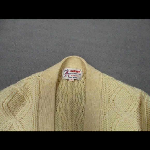 CLANSMAN English Bermuda 100% Wool Cardigan Sweater  Sz M Ivory Navy Cable Knit - Picture 4 of 6